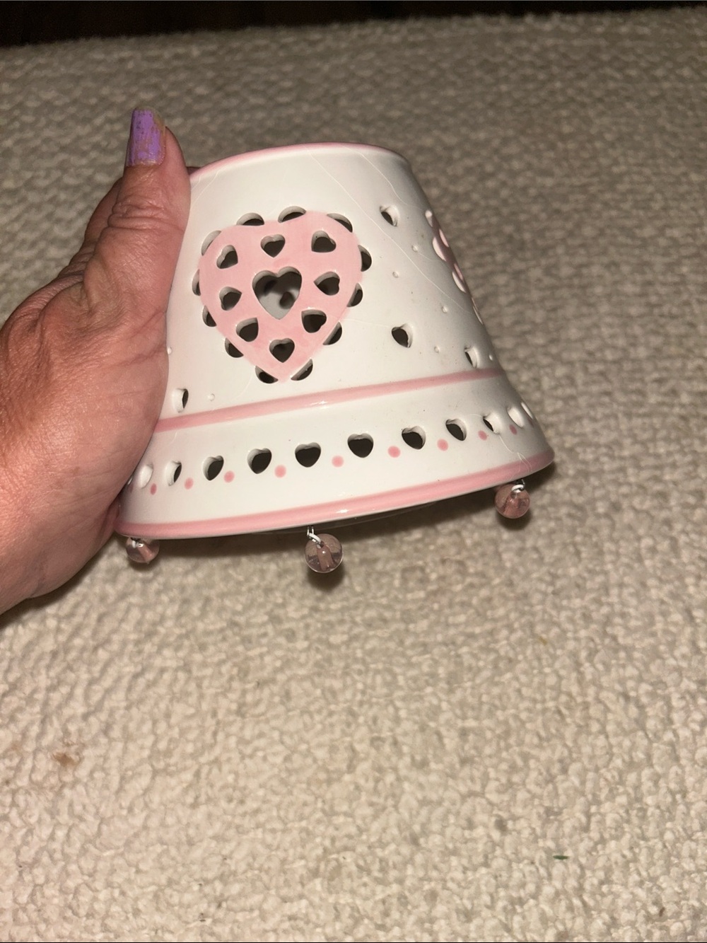 Vintage Home Interiors White and Pink Heart Tea Light Holder - Home Accents
